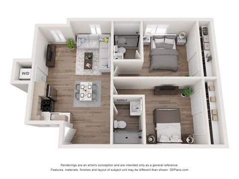 Floor plan for 2 beds, 2 baths, 1053 sqft